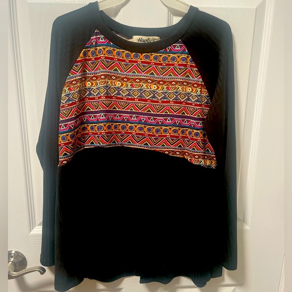 NEW Haptics BLACK RIB RAGLAN AZTEC BABYDOLL LONG SLEEVE TOP SIZE S, M, L - Picture 2 of 8